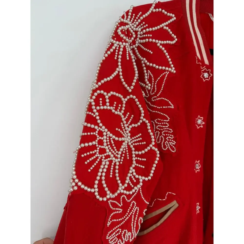 Free People Pretty In Pearls Bomber Jacket Varsity Red Medium M - Picture 7 of 14